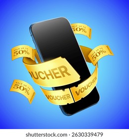 3d vouchers and coupons flying around a smartphone, isolated on gradient background. Mobile app voucher banner template in 3d vector