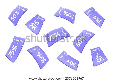 3D vouchers. Render coupon. Bonus ticket fly. Discount or gift sale label. Deal code. Cash flight. Benefit or prize tag. Offer free percent. Shop promotion. Purchase certificates. Vector background