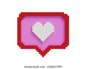 3d voxel art social media notification love like heart icon in red rounded square pin isolated on white background with shadow 3D rendering. Vector illustration