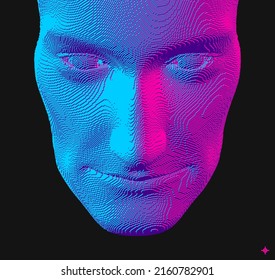3d voxelized face. Concept of mistical mask or face. Technology and robotics concept. Voxel art. 3D vector illustration. Design for presentations, flyers or posters. 