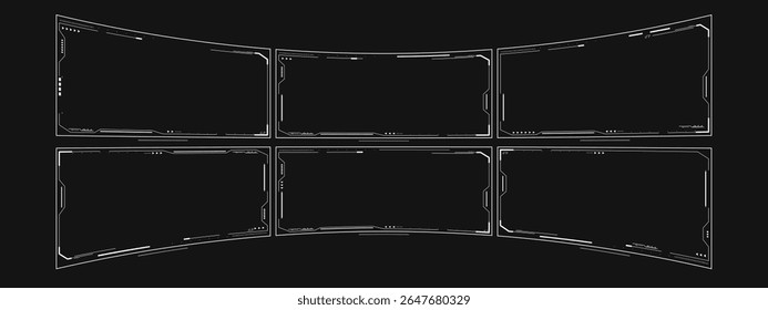 A 3D VR template with six empty, futuristic white overlay frames on a dark background, designed for multi-monitor AR VR setups. Perfect for customizable, immersive headset interfaces.