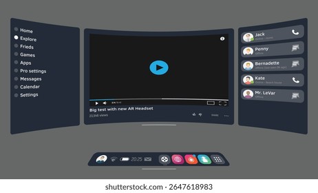 3D VR UI overlay, curved panel and perspective, featuring a central video player, side menus, icons, and a friends list for calls or messages. Immersive AR VR headset interfaces.