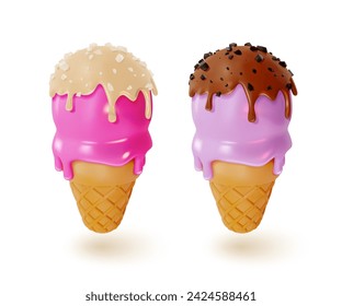 3d Waffle Cone with Scoops of Ice Cream Set Sweet Dessert Food Cartoon Style Isolated on a White Background. Vector illustration