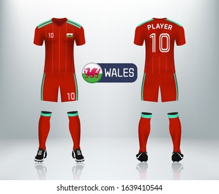 3D Wales Badge And Realistic Of Front And Back View Of Soccer Jersey Shirt On Shop Backdrop. Concept For Soccer Team Uniform Or Football Apparel Mock Up.Wales Soccer Kit T-shirt Template In Vector.