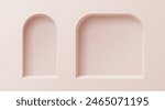 3D wall arch niches or gallery display frames and showcase boxes, vector empty shelf. Arc niche shelves inside of pink wall, exhibition show racks and boutique shop display of arch niches