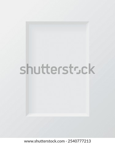 3d wall niche. Empty white rectangle shelf. Rectangular vertical inside frame. Display stand, showcase mockup. Showroom, gallery, studio or shop product presentation. Realistic vector illustration.