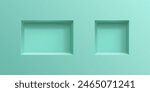 3D wall niches. Realistic vector two empty boxes or shelves on mint colored background. Shop, gallery showcase mockup for product presentation. Blank retail storage, exhibit space, interior bookshelf