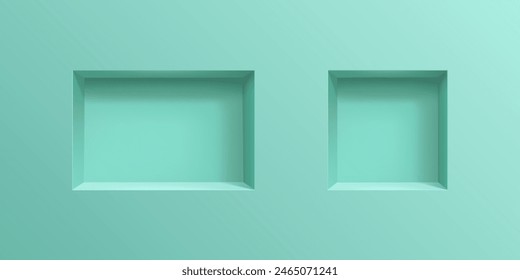 3D wall niches. Realistic vector two empty boxes or shelves on mint colored background. Shop, gallery showcase mockup for product presentation. Blank retail storage, exhibit space, interior bookshelf