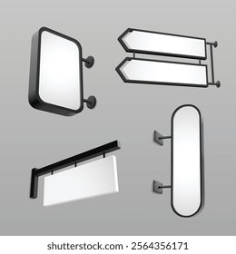 3D wall signboards set isolated on background. Vector realistic illustration of blank white boards in black frame, empty lightbox, direction indicator, outdoor advertising signs of different shapes