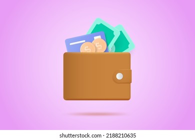 3d wallet, banknote, coin, and credit card. Money saving concept. 3d vector illustration.
