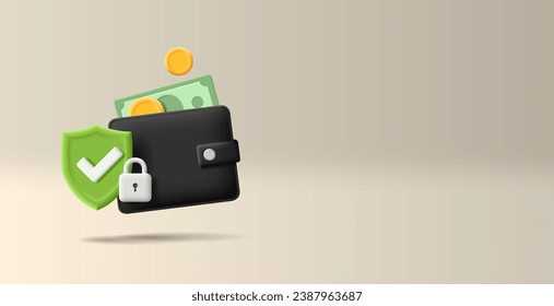 3D wallet with cash, a lock, and a shield with a check mark. The concept of protection and security of personal savings, a reliable banking system. Web banner.