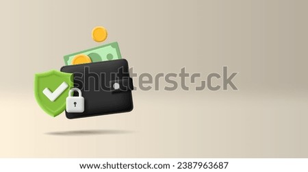 3D wallet with cash, a lock, and a shield with a check mark. The concept of protection and security of personal savings, a reliable banking system. Web banner.