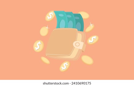 3D wallet with dollar banknotes and coins. Cash in purse. Money saving concept. Business financial investment. Online payment and cashback.3d goal for business, bank, finance, investment, money.