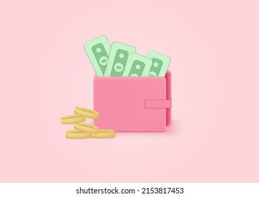 3d wallet, dollar bill and stack coins, on soft pink pastel background. Shopping online, sale, promotion, discount. Minimal cartoon icon. Vector illustration