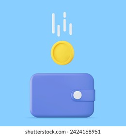 3d wallet and falling coin. saving money concept. Vector illustration