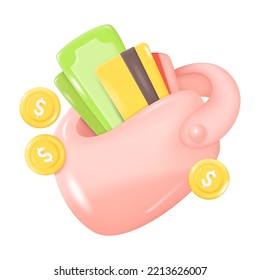 Cartera 3D llena de dinero aislado en fondo blanco. Billetes, Monedas, Tarjeta de Crédito. Diseño 3D al estilo de dibujos animados. Ilustración vectorial