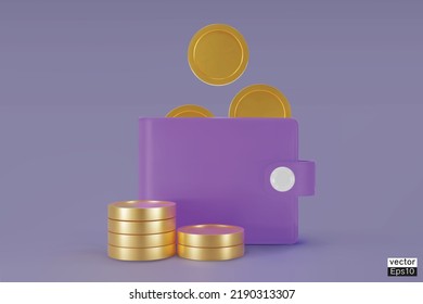 3D-Brieftasche und Goldmünzen auf violettem Hintergrund. Fallende Münzen und eine violette Purse. Wachstum, Einkommen, Ersparnisse, Investitionen. Wahrzeichen des Reichtums. Geschäftserfolg. 3D-Vektorgrafik.