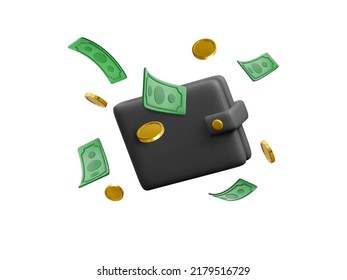 3D Wallet with green dollar banknote currency and gold coins. Business and finance concept. Vector illustration