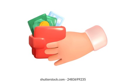 3D wallet in hand. Finance and cash. Saving. Vector illustration