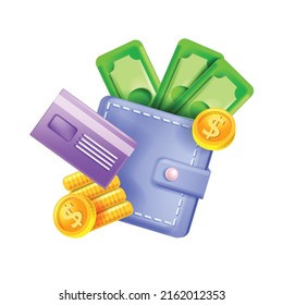 3D Wallet Icon, Vector Money Finance Bank Illustration, Dollar Coin Stack, Green Cash Bills, Payment Card. Financial Investment Wealth Concept, Personal Cash Back Offer, E-commerce Clipart. 3D Wallet