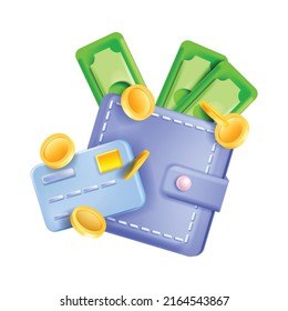 3D wallet icon, vector money finance bank illustration, green cash bills, payment card, dollar coin stack. Financial investment wealth concept, e-commerce clipart, personal cash back offer. 3D wallet