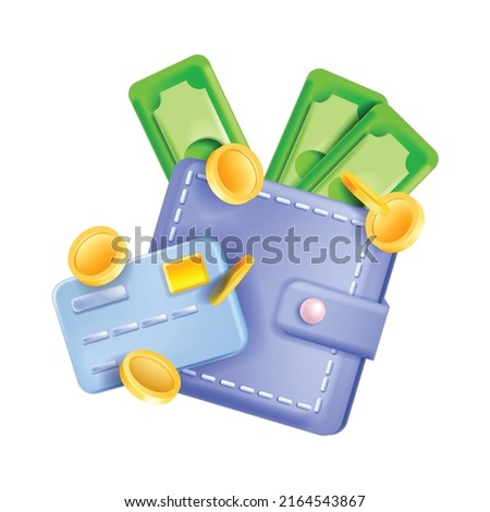 3D wallet icon, vector money finance bank illustration, green cash bills, payment card, dollar coin stack. Financial investment wealth concept, e-commerce clipart, personal cash back offer. 3D wallet