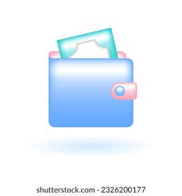 3D Wallet Money Banknote Dollar Bill Icon. Marketing Online Shopping Concept. Glossy Glass Plastic Pastel Color. Cute Realistic Cartoon Minimal Style. 3D Render Vector Icon UX UI Isolated Illustration