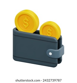 Cartera 3d y vector de icono de dinero. Aislado sobre fondo blanco. Concepto 3d de contabilidad, negocios y finanzas. Dibujos animados estilo minimalista. Ilustración de renderizado de vector de icono de dinero 3d.