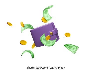 3D wallet with money next it. Realistic dollar in cartoon style. Exchange income or success savings. Vector illustration