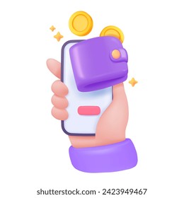 3D wallet on mobile screen Application concept to help manage savings Investing for profit. 3D vector Illustration.