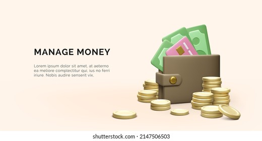 3D wallet with paper currency and credit card stack of gold coins. Realistic cartoon business banner. Money management. Vector illustration