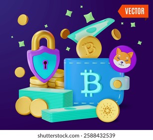 3d Wallet Security Crypto Currency Concept Background Cartoon Design Style. Vector illustration of Protection Padlock and Cryptocurrency