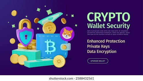 3d Wallet Security Crypto Currency Concept Ads Banner Poster Card Cartoon Design Style. Vector illustration of Protection Padlock and Cryptocurrency