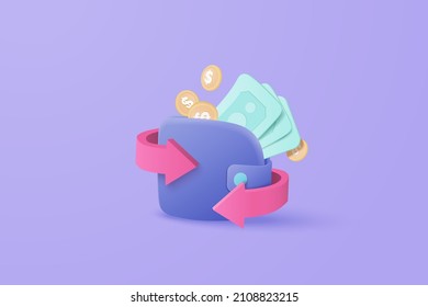 3D wallet vector cashback money refund icon concept. money holding 3d wallet, dollar bill and coin stack, online payment and money saving concept background. 3d money wallet refund for business bank