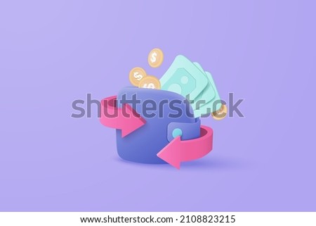 3D wallet vector cashback money refund icon concept. money holding 3d wallet, dollar bill and coin stack, online payment and money saving concept background. 3d money wallet refund for business bank