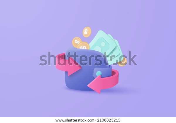 3D wallet vector cashback money refund icon concept.\
money holding 3d wallet, dollar bill and coin stack, online payment\
and money saving concept background. 3d money wallet refund for\
business bank