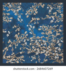 3d, Tapete, Hintergrund im Van Gogh Stil, Mandelblüten, nahtlos