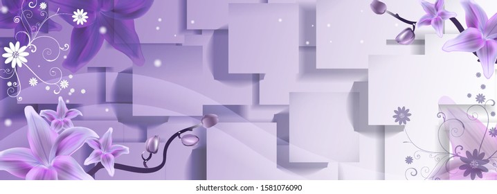 3D Wallpaper Design and beautiful wall brick backgroundю Purple floral pattern on decorative wall background