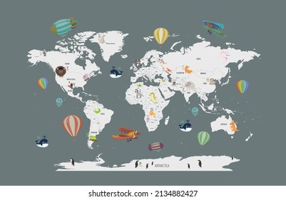3D wallpaper design with kids world map with animals