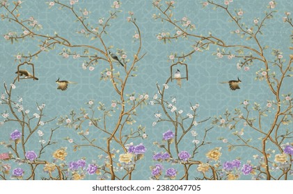 3d wallpaper design with little flowers,country style branches and flowers and birds for mural print