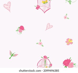 3d Wallpaper, Kids wallpaper pattern with Seamless bird, bird cage, heart, rose, butterfly.