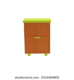 Diseño de armario 3D. Ilustración vectorial de un elegante gabinete de madera sobre un fondo blanco. Incluye puertas, manijas y patas de madera para el almacenamiento en el hogar.