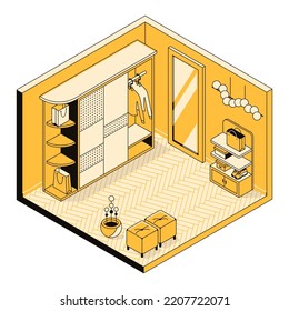 3d wardrobe, dressing room interior concept. Indoor environment, apartment template for home, hotel, real estate, building. Furniture in a storage room, closet. Vector linear isometric illustration