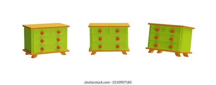 Armario 3D. Ilustración vectorial de una lujosa cómoda de madera con cajones y patas de madera sobre un fondo blanco. Ideal para crear una decoración moderna del hogar