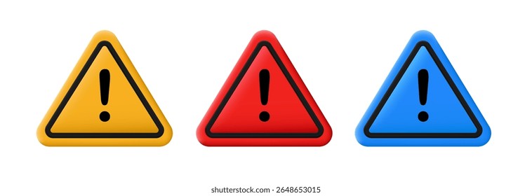 Iconos de peligro de advertencia 3D con signo de exclamación en diferente color, aislados sobre fondo blanco. Icono rojo y azul amarillo de la alerta en el Vector 3d
