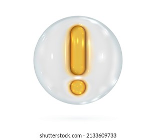 3d warning icon. Yellow exclamation mark glossy glass in white bubble. Vector render design element.