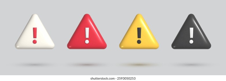 3d warning sign on realistic white, red, yellow and black triangle. Danger or attention symbol set. Glossy plastic alert, caution or emergency notification icon collection