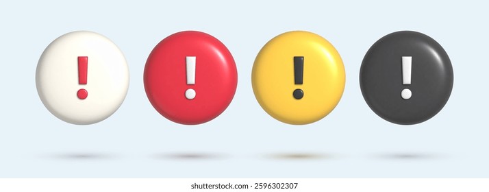 3d warning sign on realistic white, red, yellow and black round badge. Danger or attention symbol set. Glossy plastic alert, caution or emergency notification icon collection