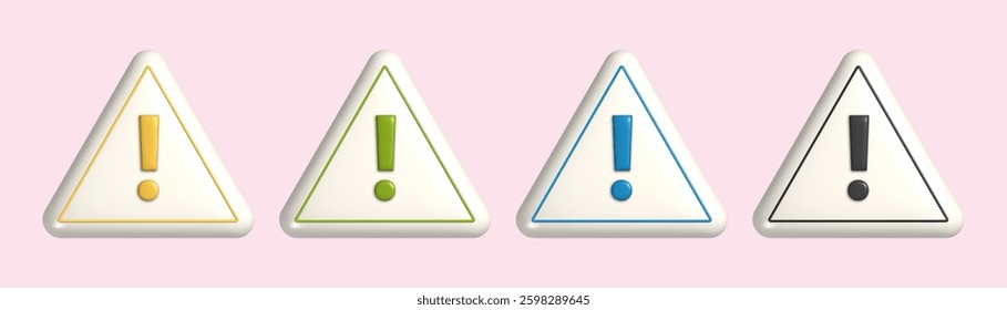 3d warning sign on realistic white triangle. Colorful danger or attention symbols. Caution alert notice