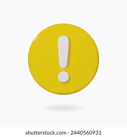 3d warning sign on yellow circle. Realistic 3d render attention icon. Glossy plastic sign. Vector illustration.